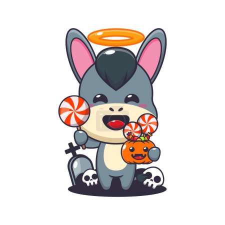 Illustration for Cute angel donkey holding candy in halloween day. Cute halloween cartoon illustration. - Royalty Free Image