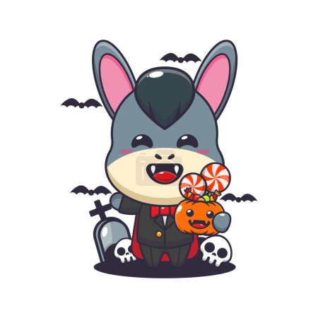 Illustration for Vampire donkey holding halloween pumpkin. Cute halloween cartoon illustration. - Royalty Free Image