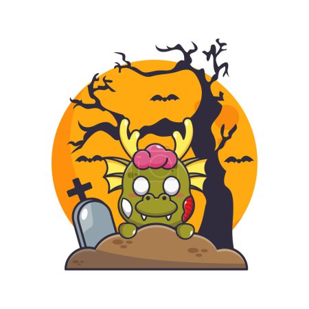 Ilustración de Dragón zombi se levanta del cementerio en el día de Halloween. Linda ilustración de dibujos animados de Halloween. - Imagen libre de derechos