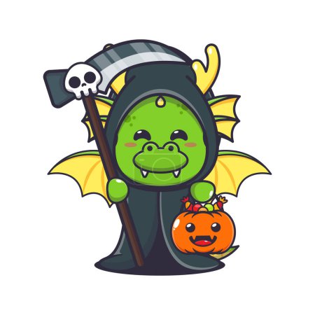 Illustration for Grim reaper dragon holding scythe and halloween pumpkin. Cute halloween cartoon illustration. - Royalty Free Image
