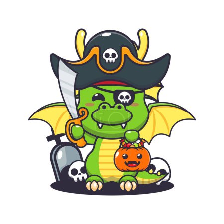 Ilustración de Dragón pirata en el día de Halloween. Linda ilustración de dibujos animados de Halloween. - Imagen libre de derechos