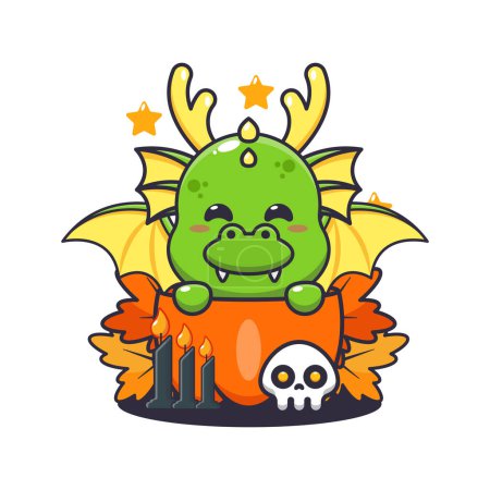 Illustration for Cute dragon in halloween pumpkin. Cute halloween cartoon illustration. - Royalty Free Image