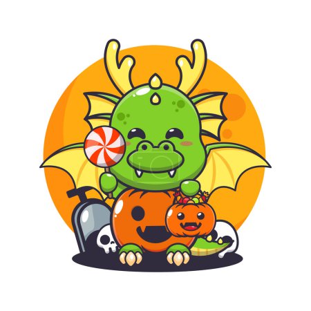 Téléchargez les illustrations : Dragon avec costume de citrouille d'Halloween. Jolie illustration de dessin animé halloween. - en licence libre de droit