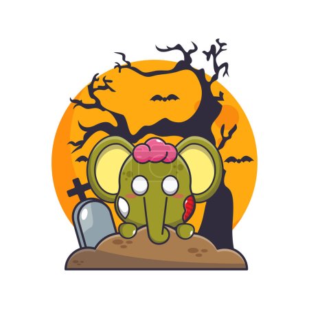 Téléchargez les illustrations : L'éléphant zombie se lève du cimetière le jour d'Halloween. Jolie illustration de dessin animé halloween. - en licence libre de droit