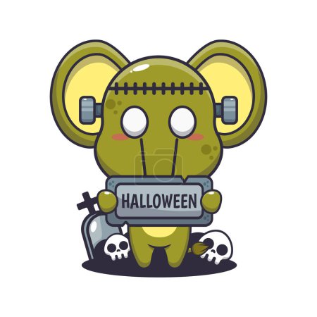 Téléchargez les illustrations : Éléphant zombie tenant halloween saluant pierre. Jolie illustration de dessin animé halloween. - en licence libre de droit