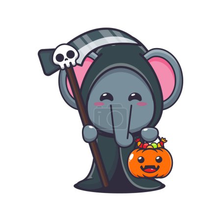 Téléchargez les illustrations : Grim Reaper éléphant tenant faux et citrouille d'Halloween. Jolie illustration de dessin animé halloween. - en licence libre de droit