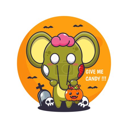 Téléchargez les illustrations : L'éléphant zombie veut des bonbons. Jolie illustration de dessin animé halloween. - en licence libre de droit