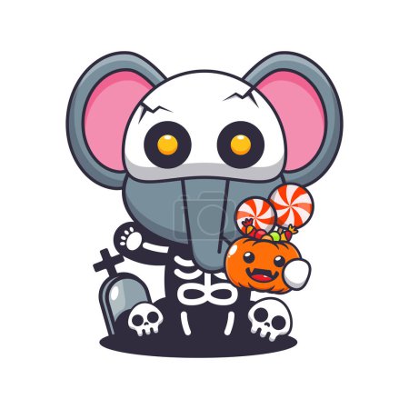 Illustration for Elephant with skeleton costume holding halloween pumpkin. Cute halloween cartoon illustration. - Royalty Free Image