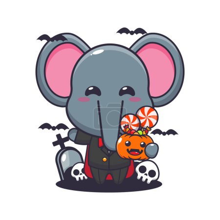 Téléchargez les illustrations : Un éléphant vampire tenant une citrouille d'Halloween. Jolie illustration de dessin animé halloween. - en licence libre de droit
