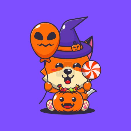 Illustration for Witch fox holding halloween balloon and candy. Cute halloween cartoon illustration. - Royalty Free Image