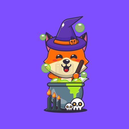 Illustration for Witch fox making potion in halloween day. Cute halloween cartoon illustration. - Royalty Free Image