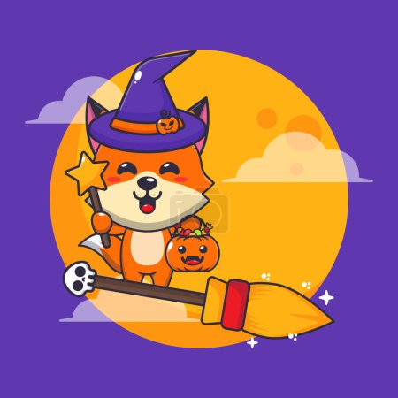 Illustration for Witch fox fly with broom in halloween night. Cute halloween cartoon illustration. - Royalty Free Image