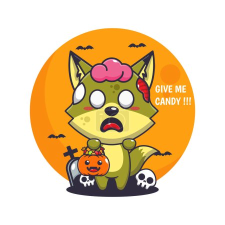 Téléchargez les illustrations : Le renard zombie veut des bonbons. Jolie illustration de dessin animé halloween - en licence libre de droit