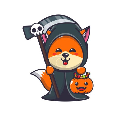 Illustration for Grim reaper fox holding scythe and halloween pumpkin. Cute halloween cartoon illustration. - Royalty Free Image