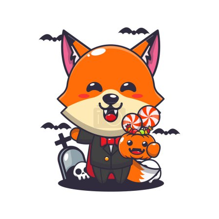 Illustration for Vampire fox holding halloween pumpkin. - Royalty Free Image