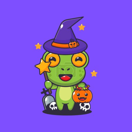 Illustration for Witch frog in halloween day. Cute halloween cartoon illustration. Vector cartoon Illustration suitable for poster, brochure, web, mascot, sticker, logo and icon. - Royalty Free Image