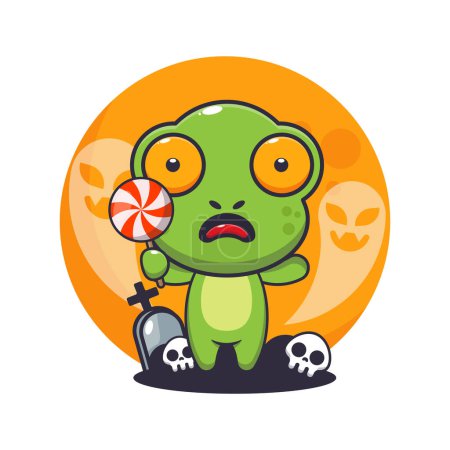 Illustration for Cute frog scared by ghost in halloween day. Cute halloween cartoon illustration. Vector cartoon Illustration suitable for poster, brochure, web, mascot, sticker, logo and icon. - Royalty Free Image