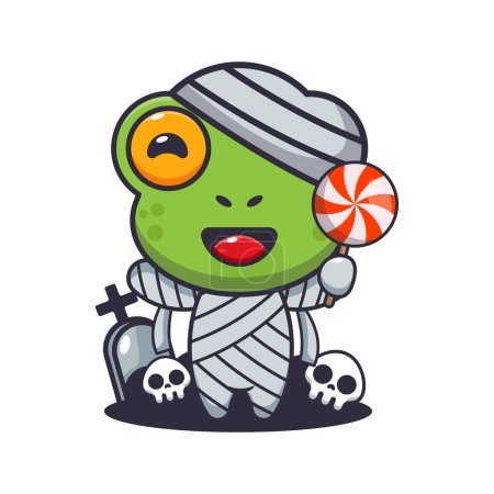 Illustration for Mummy frog holding halloween candy. Cute halloween cartoon illustration. Vector cartoon Illustration suitable for poster, brochure, web, mascot, sticker, logo and icon. - Royalty Free Image