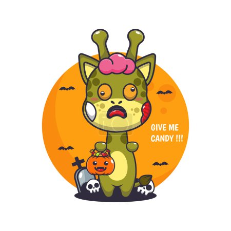 Téléchargez les illustrations : La girafe zombie veut des bonbons. Jolie illustration de dessin animé d'Halloween. Illustration vectorielle pour affiche, brochure, web, mascotte, autocollant, logo et icône. - en licence libre de droit