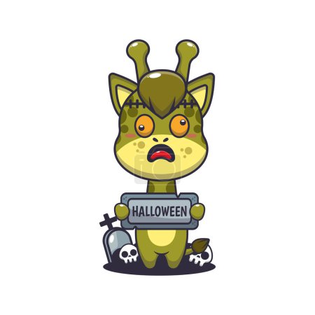 Téléchargez les illustrations : Girafe zombie tenant halloween saluant pierre. Jolie illustration de dessin animé d'Halloween. Illustration vectorielle pour affiche, brochure, web, mascotte, autocollant, logo et icône. - en licence libre de droit