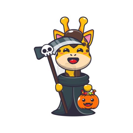 Ilustración de Jirafa parca sosteniendo guadaña y calabaza de halloween. Linda ilustración de dibujos animados de Halloween. Dibujos animados vectoriales Ilustración adecuada para póster, folleto, web, mascota, etiqueta engomada, logotipo e icono. - Imagen libre de derechos