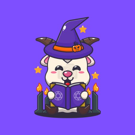 Illustration for Witch goat reading spell book. Cute halloween cartoon illustration. Vector cartoon Illustration suitable for poster, brochure, web, mascot, sticker, logo and icon. - Royalty Free Image