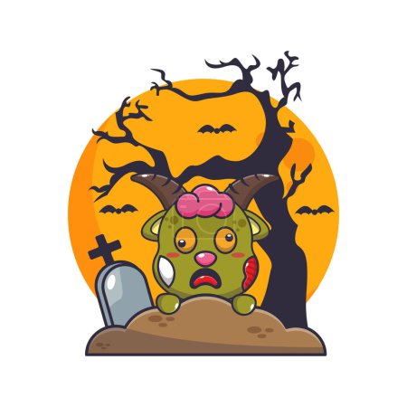 Téléchargez les illustrations : Chèvre zombie se lever du cimetière dans le jour d'Halloween. Jolie illustration de dessin animé d'Halloween. Illustration vectorielle pour affiche, brochure, web, mascotte, autocollant, logo et icône. - en licence libre de droit