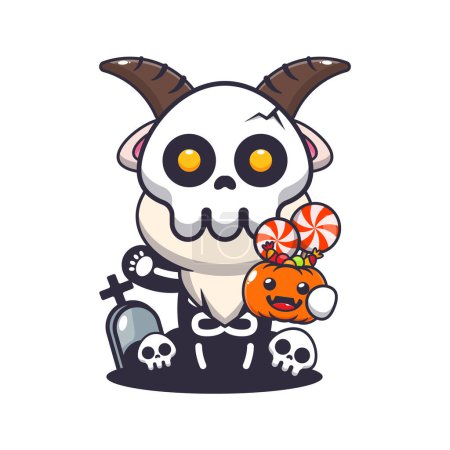 Illustration for Goat with skeleton costume holding halloween pumpkin. Cute halloween cartoon illustration. Vector cartoon Illustration suitable for poster, brochure, web, mascot, sticker, logo and icon. - Royalty Free Image