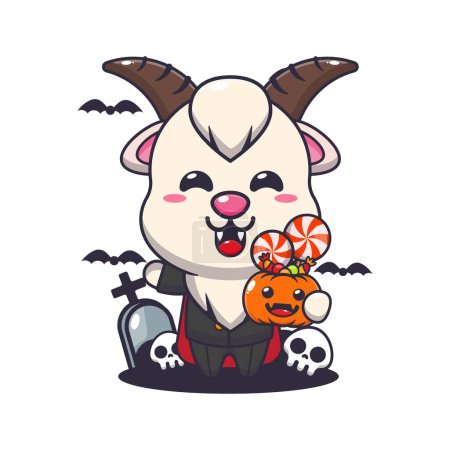 Illustration for Vampire goat holding halloween pumpkin. Cute halloween cartoon illustration. Vector cartoon Illustration suitable for poster, brochure, web, mascot, sticker, logo and icon. - Royalty Free Image