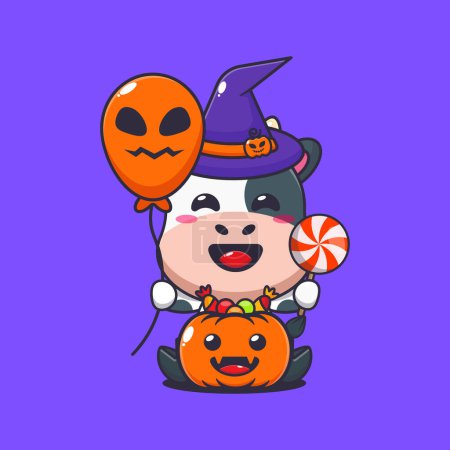 Illustration for Witch cow holding halloween balloon and candy. Cute halloween cartoon illustration. Vector cartoon Illustration suitable for poster, brochure, web, mascot, sticker, logo and icon. - Royalty Free Image
