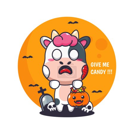 Ilustración de La vaca zombi quiere dulces. Linda ilustración de dibujos animados de Halloween. Dibujos animados vectoriales Ilustración adecuada para póster, folleto, web, mascota, etiqueta engomada, logotipo e icono. - Imagen libre de derechos