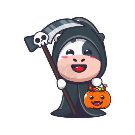 Illustration for Grim reaper cow holding scythe and halloween pumpkin. Cute halloween cartoon illustration. Vector cartoon Illustration suitable for poster, brochure, web, mascot, sticker, logo and icon. - Royalty Free Image