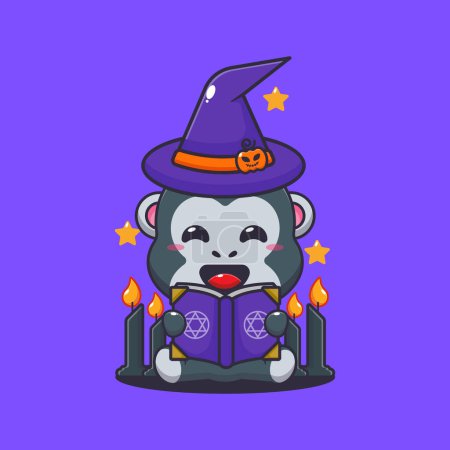 Illustration for Witch gorilla reading spell book. Cute halloween cartoon illustration. Vector cartoon Illustration suitable for poster, brochure, web, mascot, sticker, logo and icon. - Royalty Free Image