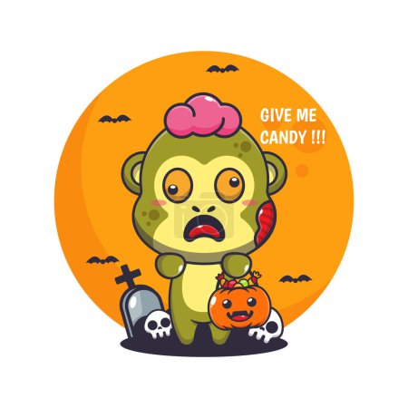 Téléchargez les illustrations : Le gorille zombie veut des bonbons. Jolie illustration de dessin animé d'Halloween. Illustration vectorielle pour affiche, brochure, web, mascotte, autocollant, logo et icône. - en licence libre de droit