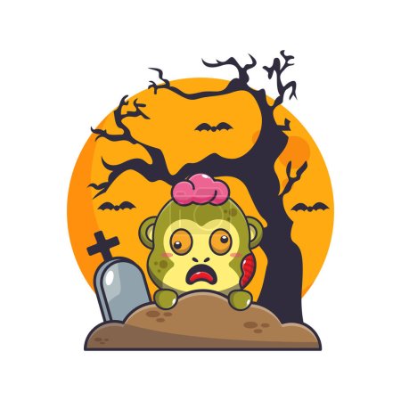 Téléchargez les illustrations : Zombie gorille lever du cimetière dans le jour d'Halloween. Jolie illustration de dessin animé d'Halloween. Illustration vectorielle pour affiche, brochure, web, mascotte, autocollant, logo et icône. - en licence libre de droit