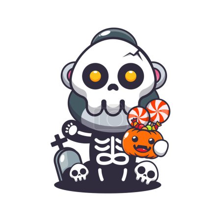 Illustration for Gorilla with skeleton costume holding halloween pumpkin. Cute halloween cartoon illustration. Vector cartoon Illustration suitable for poster, brochure, web, mascot, sticker, logo and icon. - Royalty Free Image