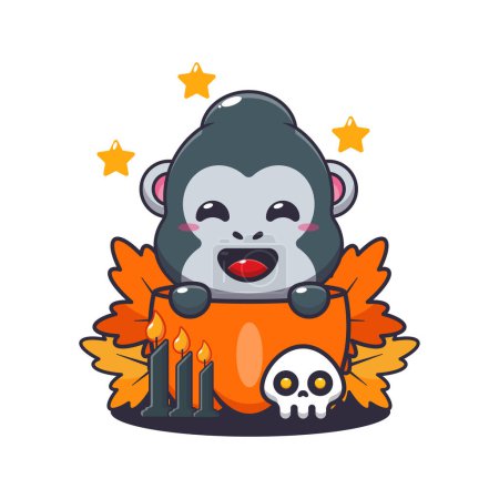 Ilustración de Lindo gorila en calabaza de Halloween. Linda ilustración de dibujos animados de Halloween. Dibujos animados vectoriales Ilustración adecuada para póster, folleto, web, mascota, etiqueta engomada, logotipo e icono. - Imagen libre de derechos