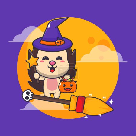 Illustration for Witch hedgehog fly with broom in halloween night. Cute halloween cartoon illustration. Vector cartoon Illustration suitable for poster, brochure, web, mascot, sticker, logo and icon. - Royalty Free Image