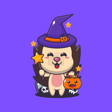 Illustration for Witch hedgehog in halloween day. Cute halloween cartoon illustration. Vector cartoon Illustration suitable for poster, brochure, web, mascot, sticker, logo and icon. - Royalty Free Image