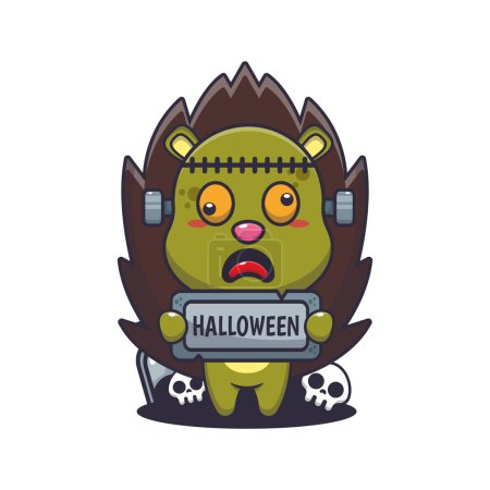 Ilustración de Erizo zombi sosteniendo la piedra de saludo de Halloween. Linda ilustración de dibujos animados de Halloween. Dibujos animados vectoriales Ilustración adecuada para póster, folleto, web, mascota, etiqueta engomada, logotipo e icono. - Imagen libre de derechos