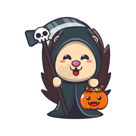 Illustration for Grim reaper hedgehog holding scythe and halloween pumpkin. Cute halloween cartoon illustration. Vector cartoon Illustration suitable for poster, brochure, web, mascot, sticker, logo and icon. - Royalty Free Image