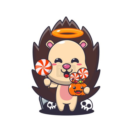 Illustration for Cute angel hedgehog holding candy in halloween day. Cute halloween cartoon illustration. Vector cartoon Illustration suitable for poster, brochure, web, mascot, sticker, logo and icon. - Royalty Free Image
