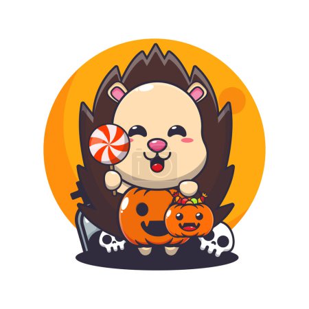 Illustration for Hedgehog with halloween pumpkin costume. Cute halloween cartoon illustration. Vector cartoon Illustration suitable for poster, brochure, web, mascot, sticker, logo and icon. - Royalty Free Image