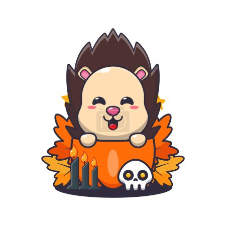 Illustration for Cute hedgehog in halloween pumpkin. Cute halloween cartoon illustration. Vector cartoon Illustration suitable for poster, brochure, web, mascot, sticker, logo and icon. - Royalty Free Image