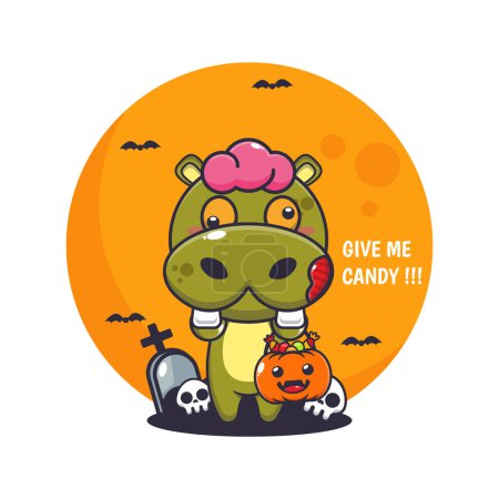 Ilustración de El hipopótamo zombi quiere dulces. Linda ilustración de dibujos animados de Halloween. Dibujos animados vectoriales Ilustración adecuada para póster, folleto, web, mascota, etiqueta engomada, logotipo e icono. - Imagen libre de derechos