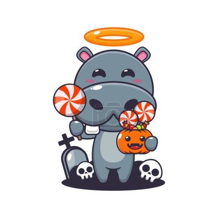 Ilustración de Linda hipopótamo ángel celebración de dulces en el día de Halloween. Linda ilustración de dibujos animados de Halloween. Dibujos animados vectoriales Ilustración adecuada para póster, folleto, web, mascota, etiqueta engomada, logotipo e icono. - Imagen libre de derechos