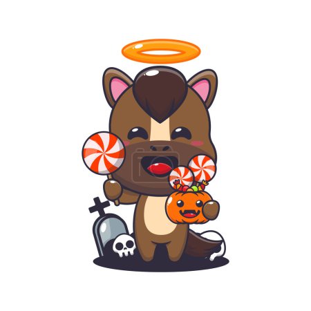 Illustration for Cute angel horse holding machete in halloween day. Cute halloween cartoon illustration. Vector cartoon Illustration suitable for poster, brochure, web, mascot, sticker, logo and icon. - Royalty Free Image
