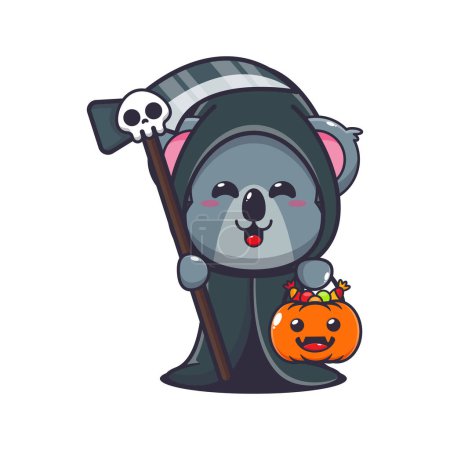 Illustration for Grim reaper koala holding scythe and halloween pumpkin. Cute halloween cartoon illustration. Vector cartoon Illustration suitable for poster, brochure, web, mascot, sticker, logo and icon. - Royalty Free Image