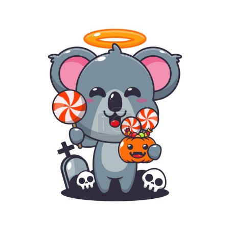 Illustration for Cute angel koala holding machete in halloween day. Cute halloween cartoon illustration. Vector cartoon Illustration suitable for poster, brochure, web, mascot, sticker, logo and icon. - Royalty Free Image