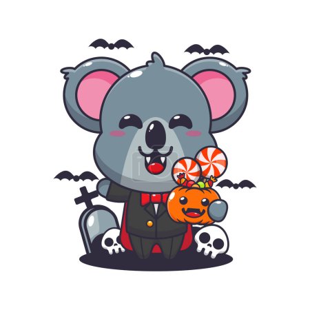 Téléchargez les illustrations : Vampire koala tenant la citrouille d'Halloween. Jolie illustration de dessin animé d'Halloween. Illustration vectorielle pour affiche, brochure, web, mascotte, autocollant, logo et icône. - en licence libre de droit